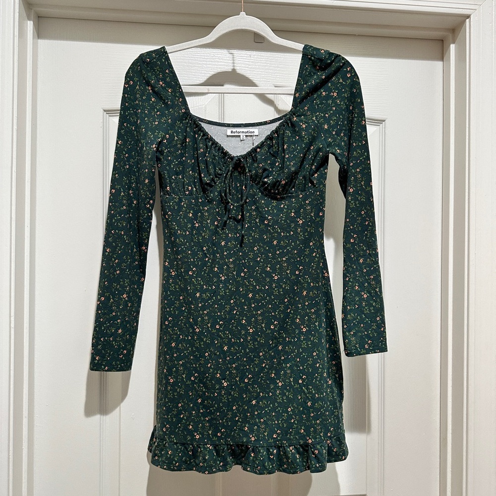 Reformation Anjeline Long sleeve stretch tencel Lyocell Knit Floral Dress Green - Picture 4 of 7